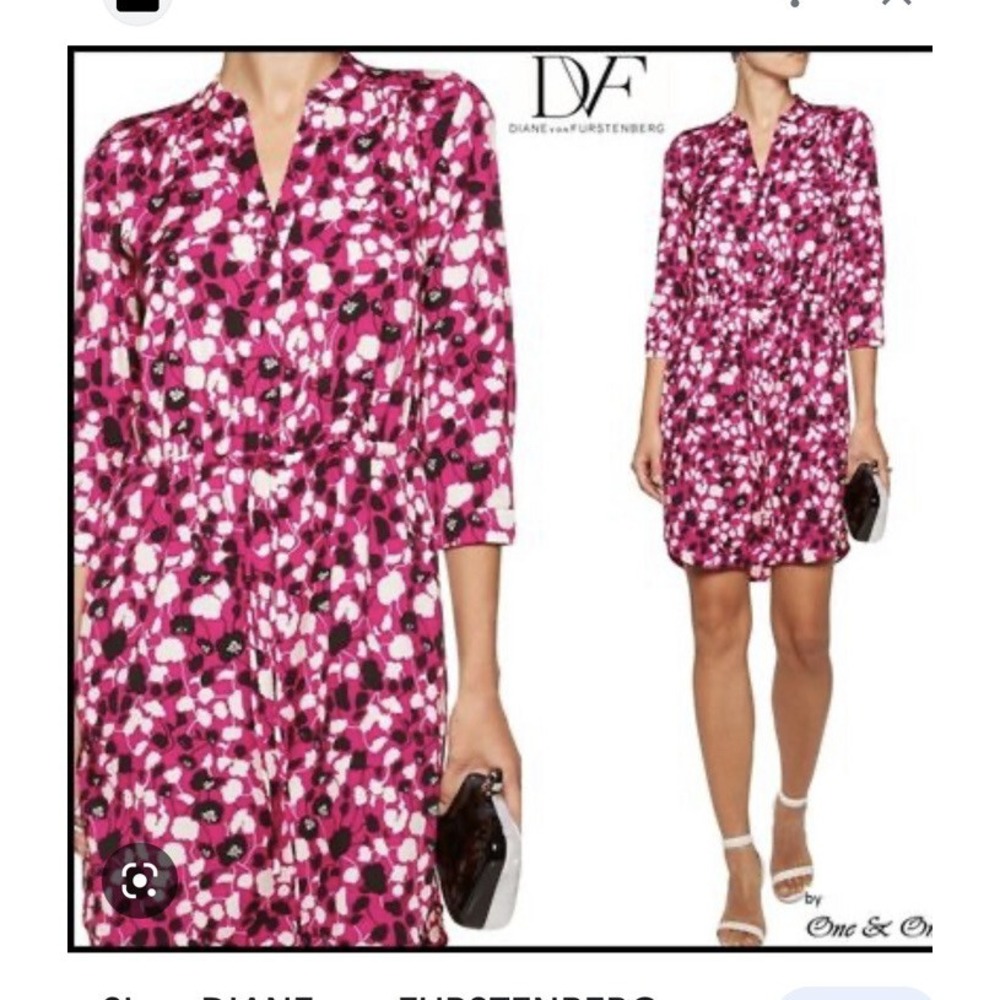 DVF Diane von Furstenberg Poppy Floral Stretch Silk Freya Shirt Dress Pink Sz 2